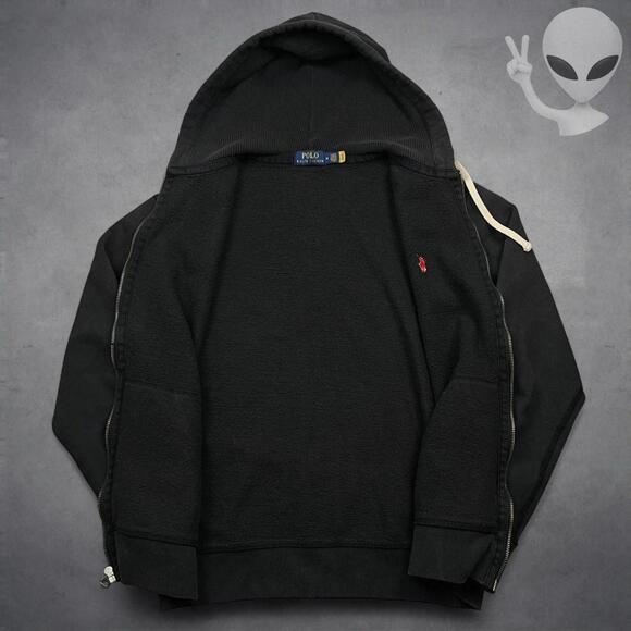 Polo Ralph Lauren Full Zip Hoodie Medium Black Fleece Classic Jacket Red Pony - Picture 6 of 8